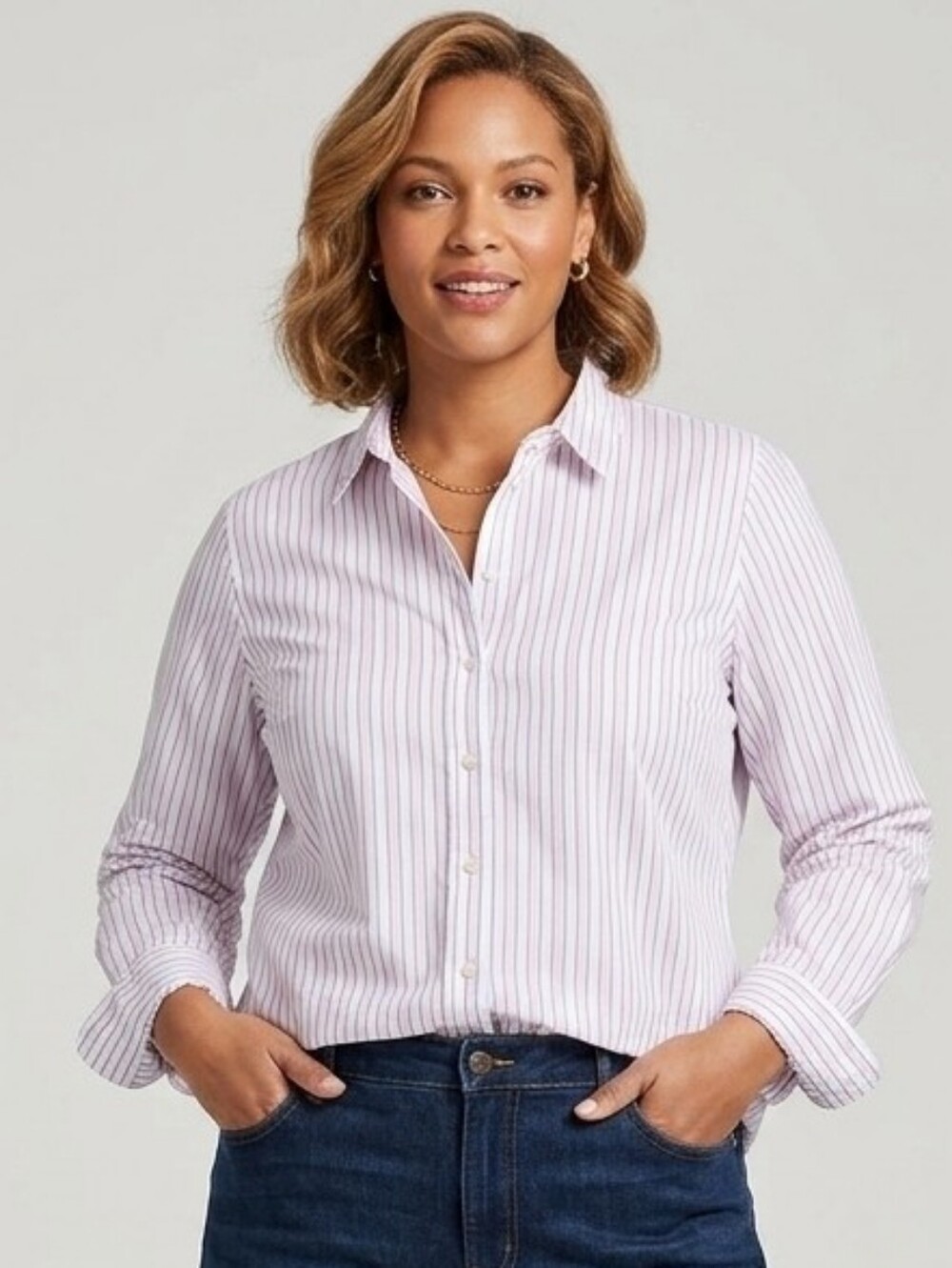 Talbots Shirt Womens XL Pink Blue White Striped Cotton Button Up Long Sleeve